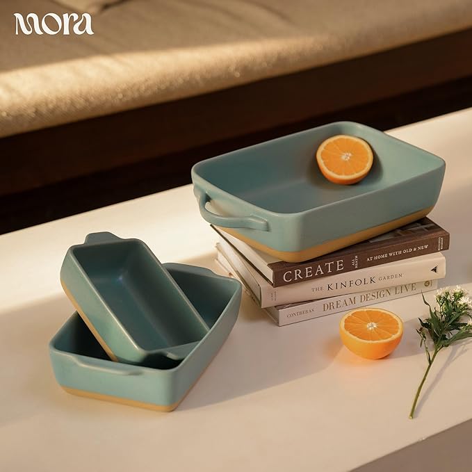 Mora Ceramic Set of 2 Baking Dishes For Casserole, Banana Bread, Brownies, Broiling, Roasting, and Baking. 7x11 in and Loaf Pans - Porcelain Serving Bakeware from Oven to Table. Freezer Safe - Iris - Image 5