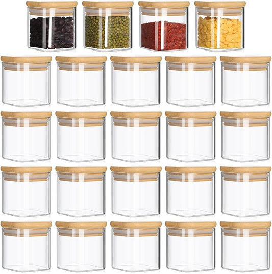 Nuenen Set of 24 Airtight Square Spice Containers 4 oz Glass Spice Jars with Bamboo Lid Small Seasoning Jars Empty Food Storage Containers for Pantry Clear Food Canisters for Kitchen Sugar Coffee