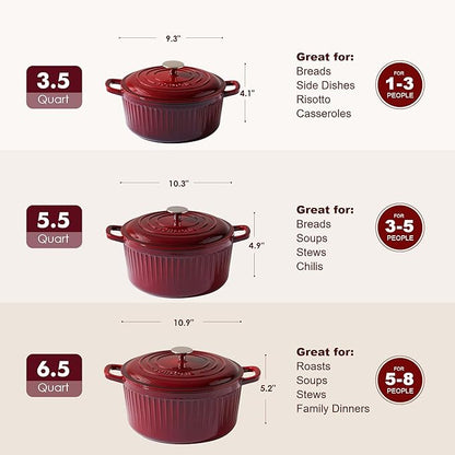 SENSARTE Enameled Cast Iron Dutch Oven Pot with Lid 3.5/5.5/6.5 Quart Heavy-Duty Round Dual Handles Kitchen Pot with Cotton Potholders & Silicone Trivet, Pot for Bread Baking, Stews, Braising, Roasting, Oven Safe, 5.5 Quart, Red