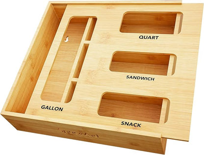 SpaceAid Bag Storage Organizer for Kitchen Drawer, Bamboo Organizer, Compatible with Gallon, Quart, Sandwich and Snack Variety Size Bag (1 Box 4 Slots) by SpaceAid
