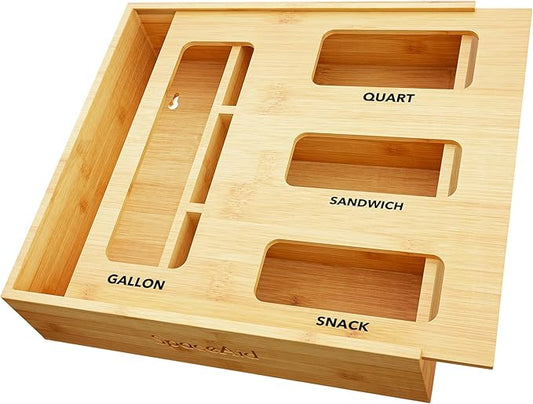 SpaceAid Bag Storage Organizer for Kitchen Drawer, Bamboo Organizer, Compatible with Gallon, Quart, Sandwich and Snack Variety Size Bag (1 Box 4 Slots) by SpaceAid