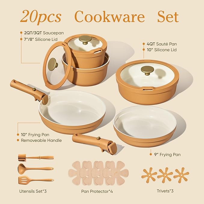 Carote 20pcs Ceramic Cookware Set with Detachable Handles, Pots and Pans Set Non Stick, RV Kitchen Cooking Pot and Pan, Dishwasher Safe, Non-toxic Induction Cookware PFAS and PFOA Free,Orange - Image 2