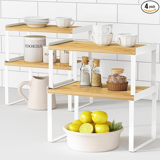 Goozii Kitchen Cabinet Organizer Set of 4, Desk Shelf Riser, Stackable Cabinet Pantry Cupboard Organizer, Kitchen Counter top Shelf, Storage Rack for Spices, Plates, Bamboo Wood, White