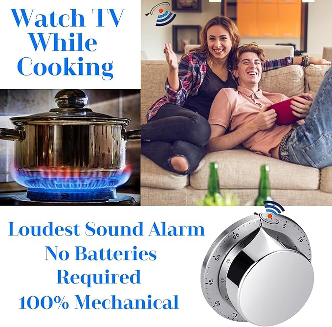 Kitchen Timers for Cooking, Chef Cooking Timer Clock with Loud Alarm - Magnetic Backing 100% Mechanical Desk Timer - No Batteries Required, Countdown Reminder Magnetic - Exquisite Stainless Steel Body - Image 7