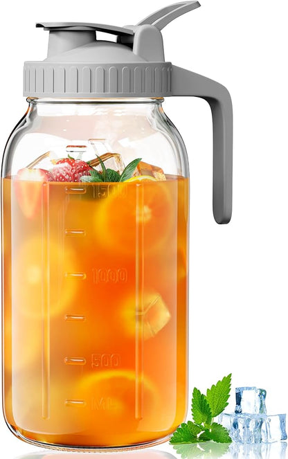 OneDream Glass Pitcher with Lid – 64oz Glass Mason Jar Pitcher with Wide Mouth, Airtight Seal, Leak-Proof, Spout Design – Ideal for Iced Tea, Sun Tea, Cold Beverages, and Home Entertaining by OneDream