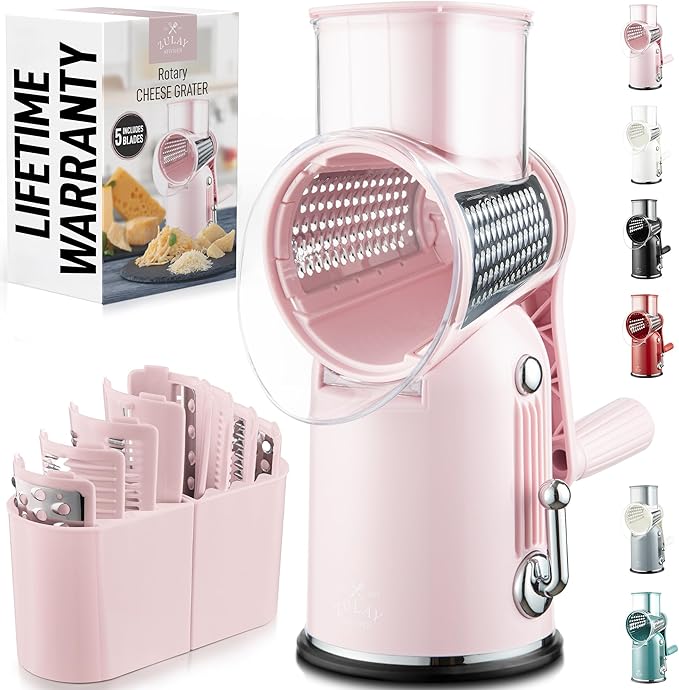 Zulay Kitchen Rotary Cheese Grater 5 Blade Cheese Shredder - Manual Hand Crank Cheese Grater With Reinforced Suction & 5 Interchangeable Drums - Easy to Use, Vegetable Chopper Round Mandoline Slicer by ZulayKitchen