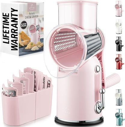 Zulay Kitchen Rotary Cheese Grater 5 Blade Cheese Shredder - Manual Hand Crank Cheese Grater With Reinforced Suction & 5 Interchangeable Drums - Easy to Use, Vegetable Chopper Round Mandoline Slicer by ZulayKitchen
