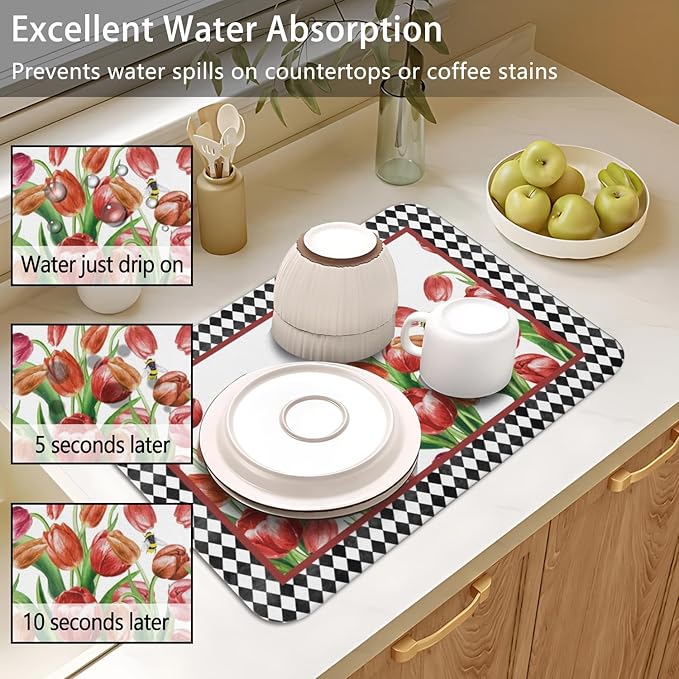 Dish Drying Mat for Kitchen Counter 2 Pack with Non-Slip Rubber Backing - Heat-Resistant Absorbent Coffee Bar Mat, Dish Rack Mat, Tulips Dish Drying Mats 18x24+19.5x12 inch