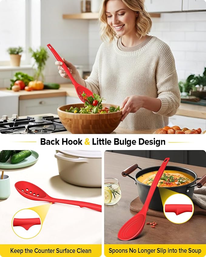 Pack of 2 Silicone Cooking Spoons, Non Stick Solid Kitchen Spoon with Measuring Marks & Back Hooks, Heat Resistant Silicone Slotted Spoon for Cooking, Mixing, Stirring,Serving (RED)