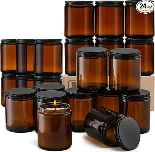 24 Pack, 8 OZ Thick Amber Candle Jars for Making Candle - Round Glass Jars with Lids - Empty Food Storage Containers, Canning/Mason Jar For Spice, Powder, Liquid, Sample - Leakproof & Food Grade by AOZITA