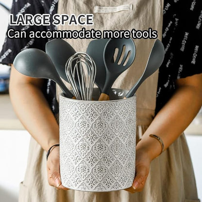 KOOV Kitchen Utensil Holder, Large Utensil Holders for Countertop, 6 x 7 Inches Ceramic Utensil Crock, Deep and Stable, Cooking Utensil Holder, Embossed Pattern, White - Image 4