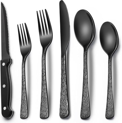 EWFEN 24-Piece Black Silverware Set with Steak Knives, Black Flatware Set for 4, Food-Grade Stainless Steel Tableware Cutlery Set, Mirror Finished Utensil Sets for Home Restaurant, Tree Pattern by EWFEN