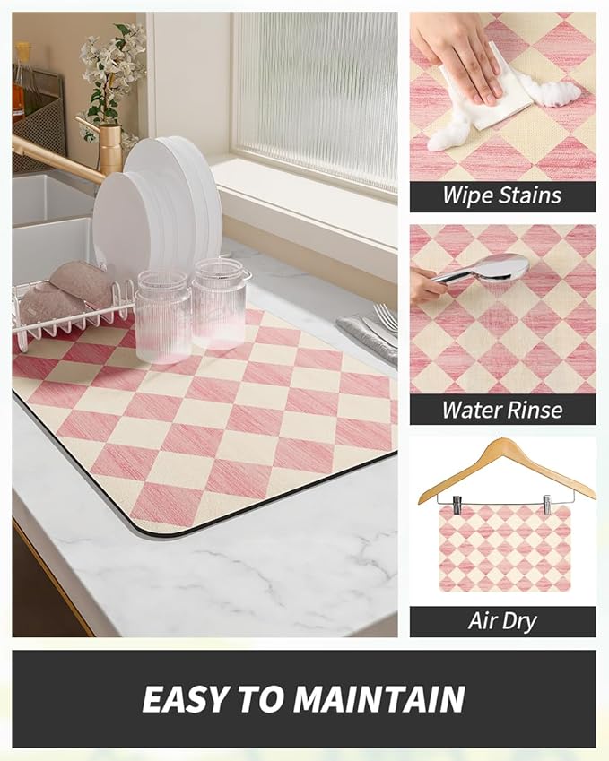 AMOAMI Coffee Mat Hide Stain Rubber Backed Absorbent Dish Drying Mat for Kitchen Counter - Fits Under Coffee Maker or Machine - PINK 12X19 - Image 4