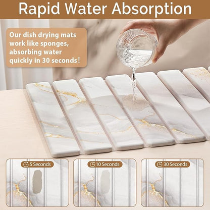 Large Stone Dish Drying Mat for Kitchen Counter,Quick Dry Stone Dishes Mats,Marbled Water Absorbing Diatomaceous Earth Drying Pad for Countertop Bottles Utensils Cups(Yellow White 24"x16"&8"x4") - Image 3
