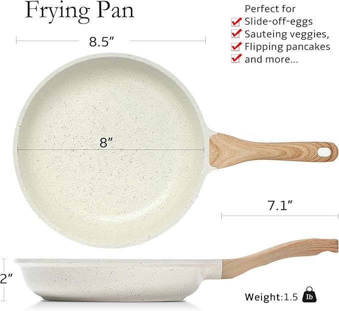 ESLITE LIFE Nonstick Ceramic Frying Pan Skillet, Non-Toxic Egg Omelette Kitchen Cooking Pans Compatible with All Stovetops (Gas, Electric & Induction), PTFE & PFOA Free (White, 8'') - Image 2