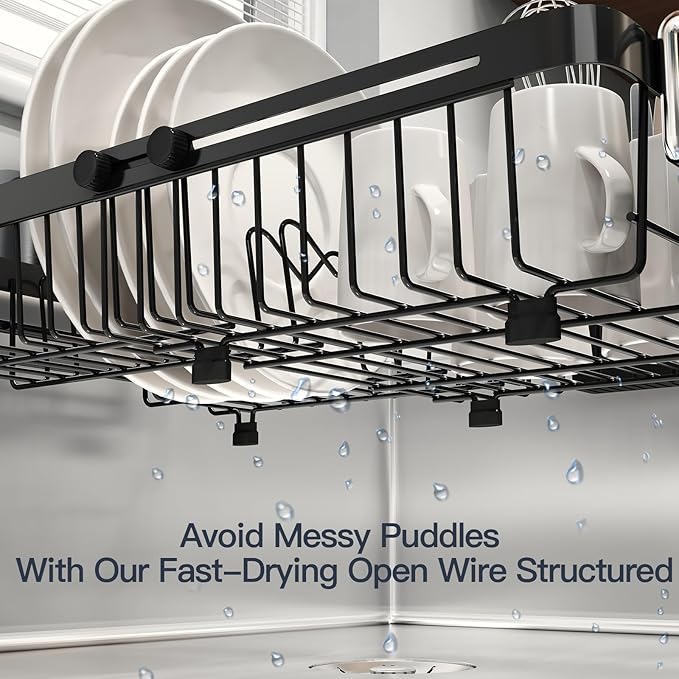 MAJALiS Expandable Stainless Steel Over The Sink Dish Drying Rack for Small Kitchen Counter Space Saving, Compact RV Plate Drainer Strainer in Black Wire Metal with Hanging Adjustable Utensil Holder - Image 3