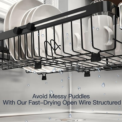 MAJALiS Expandable Stainless Steel Over The Sink Dish Drying Rack for Small Kitchen Counter Space Saving, Compact RV Plate Drainer Strainer in Black Wire Metal with Hanging Adjustable Utensil Holder - Image 3