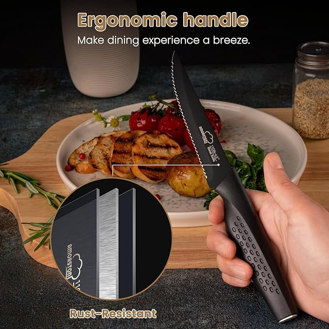 Amorston Steak Knives, Steak Knives Set of 8, Stainless Steel Steak Knife Set, Serrated Knives Dishwasher Safe, Elegant Black Mothers Day Gifts for Women - Image 3