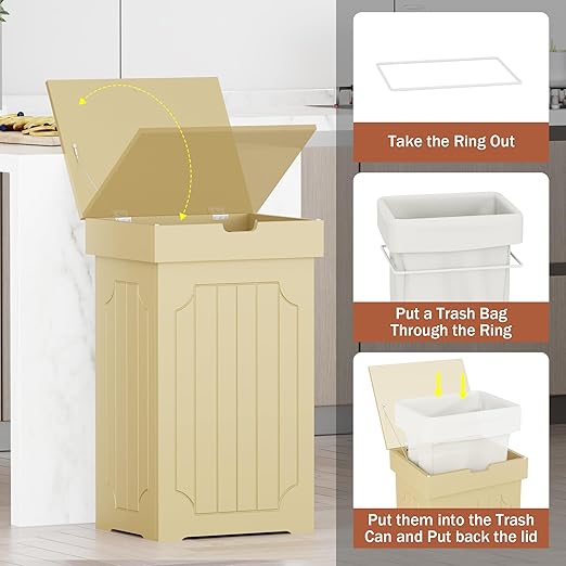 Function Home Trash Can Cabinet, 13 Gallon Kitchen Garbage Can, Wood Recycling Trash Bin, Freestanding Dog Proof Trash Can, Farmhouse Trash Cabinet with Lid for Home Kitchen Bathroom, Yellow - Image 7