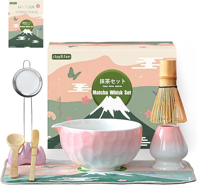 Clay&Fire Matcha Whisk Set, 9 pcs Ceramic Matcha Set, Gifts for Women,Matcha Bowl with Spout and Whisk, Matcha Kit for Matcha Lovers, Ideal Gift Christmas, Birthday, Anniversary(Pink) (Gradient Pink) by FocusonMatchaWhiskSet