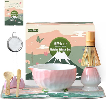 Clay&Fire Matcha Whisk Set, 9 pcs Ceramic Matcha Set, Gifts for Women,Matcha Bowl with Spout and Whisk, Matcha Kit for Matcha Lovers, Ideal Gift Christmas, Birthday, Anniversary(Pink) (Gradient Pink) by FocusonMatchaWhiskSet