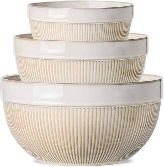 Large Ceramic Mixing Bowls, Glazed White Kitchen Bowl (10"/8"/6"), Set of 3 Nesting Bowls for Baking, Cooking, Serving, Prepping, Dough Kneading, Microwave and Dishwasher Safe by TEAKISS
