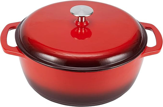 Amazon Basics Enameled Cast Iron Dutch Oven Pot with Lid, Round, Dual Handles, Heavy-Duty, Oven Safe for Stews, Roasting, Baking, 6-Quart, Red by AmazonBasics