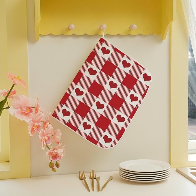 Happy Valentines Day Dish Drying Mat 18 x 24 inch Red Checkered Love Hearts Decorative Drying Mats Microfiber Absorbent Valentine Dish Washable Draining Mat for Kitchen Counter Decor