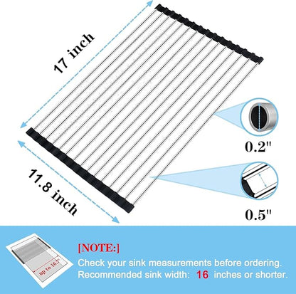 Seropy Roll Up Dish Drying Rack Over The Sink Drying Rack for Kitchen Counter, Rolling Dish Rack Over Sink Mat, Foldable Dish Drainer Stainless Steel Rack Kitchen Organization Gadgets Black 17"x11.8" - Image 3