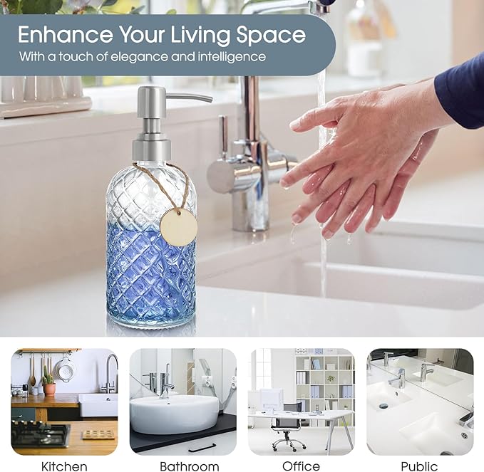 Gem-Patterned Glass Soap Dispenser with Rust Proof Stainless Steel Pump-13 oz Liquid Hand Soap Dispenser for Kitchen & Bathroom,Great for Lotions, Essential Oil, Liquid Soaps-Clear - Image 5
