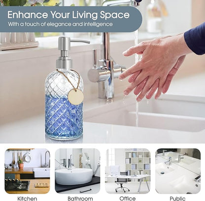 Gem-Patterned Glass Soap Dispenser with Rust Proof Stainless Steel Pump-13 oz Liquid Hand Soap Dispenser for Kitchen & Bathroom,Great for Lotions, Essential Oil, Liquid Soaps-Clear - Image 5