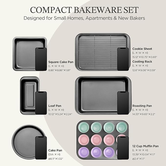 KITESSENSU Compact Baking Pans Sets, Nonstick Bakeware Sets 19-Piece with Round/Square Cake Pan, Loaf Pan, Muffin Pan, Cookie Sheet, Roast Pan, Cooling Rack, Carbon Steel Bake Set