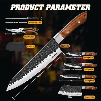 Huusk Butcher Knife Set - Hand Forged Meat Cleaver & Boning Viking Knives & Chef Utility Knives, Japanese Chef Knife Set with Bag for Camping, BBQ, Christmas Gifts for Men Women - Image 7