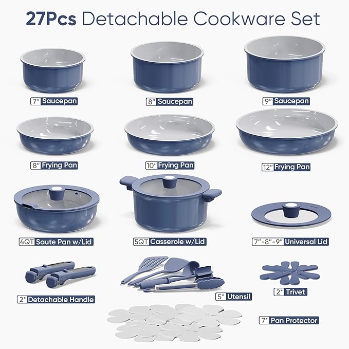 CAROTE 27pcs Ceramic Cookware Set Nonstick, Pots and Pans Set Non Stick, Non Toxic Cookware Detachable Handles, Dishwasher/Oven Safe, RV/Camping Cookware, Pan and Pot with Kitchen Utensils, Navy Blue - Image 2