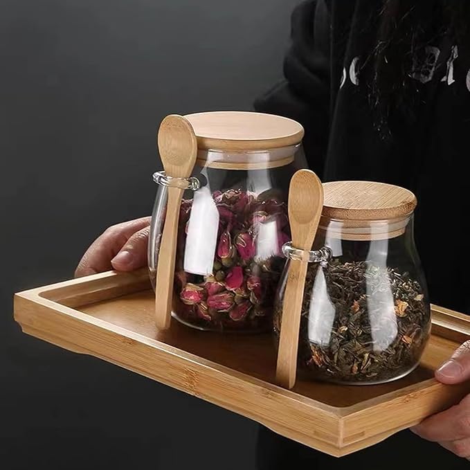 Airtight glass jar storage container with bamboo lid Set of 4, wide mouth, leak-proof, With a spoon, can be used for coffee beans, tea leaves, grains, dried fruits, etc (Large*4PCS) - Image 6