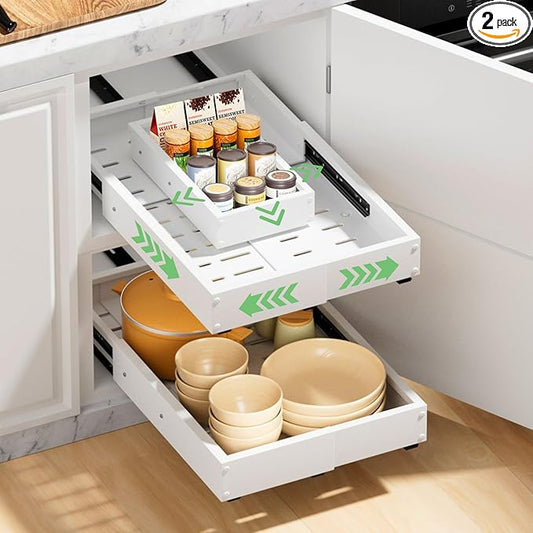 2 Pack Pull out Cabinet Organizer, Width (10"-16") Depth (17"-25"), with 3 Rails Adjustable Slide, Expandable Pullout Drawers for Cabinets, No Drill Adhesive Kitchen Drawers for Pantry Shelves by BUFOR