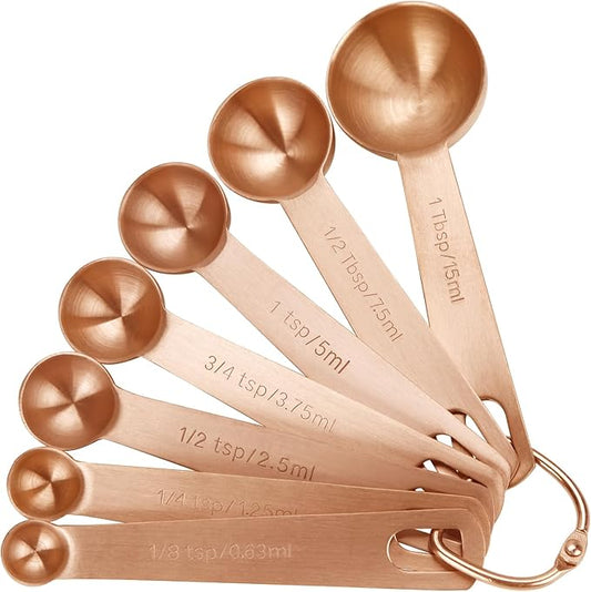 Measuring Spoons,SUS304 Stainless Steel Measuring Cups Set of 7 Piece: 1Tbsp,1/2Tbsp,1tsp,3/4tsp,1/2tsp,1/4tsp,1/8tsp Teaspoon Coffee Scoop Tablespoon for Dry and Liquid Ingredients,Rose Gold by blueden