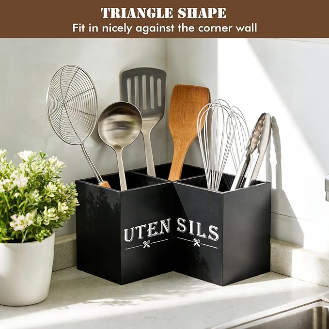 Large kitchen Utensil Holder, Wooden Utensil Organizer for Kitchen Countertop, Spatula and Spoon Cooking Holder with 3 Compartments, Black - Image 4