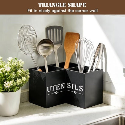 Large kitchen Utensil Holder, Wooden Utensil Organizer for Kitchen Countertop, Spatula and Spoon Cooking Holder with 3 Compartments, Black - Image 4