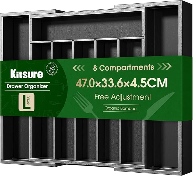 Kitsure Silverware Organizer - Expandable Bamboo Kitchen Drawer Organizer for Cooking Utensils and Cutlery, Sturdy & Thickened Kitchen Organizers and Storage Solution, Large, Black by Kitsure