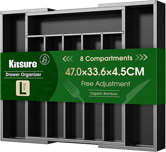 Kitsure Silverware Organizer - Expandable Bamboo Kitchen Drawer Organizer for Cooking Utensils and Cutlery, Sturdy & Thickened Kitchen Organizers and Storage Solution, Large, Black by Kitsure