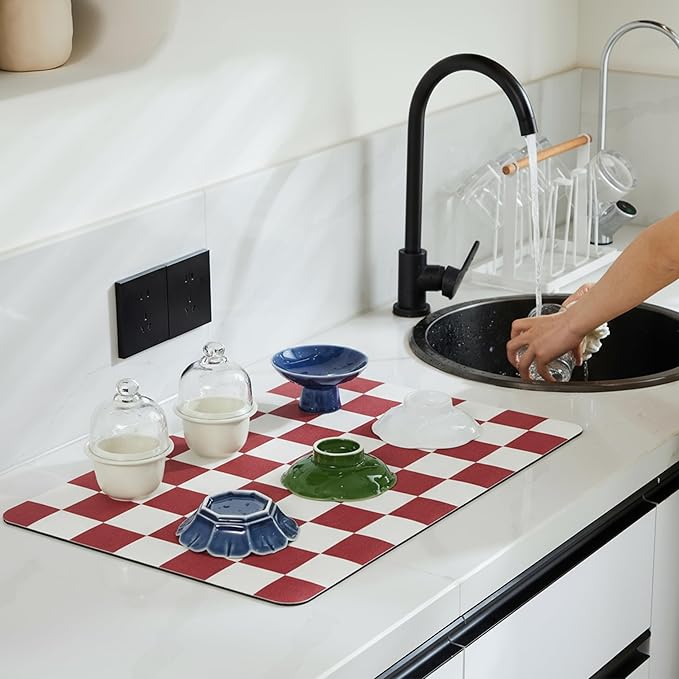 Ohocut Red Checkered Dish Drying Mat for Kitchen Counter, Coffee Bar Station Accessories, Retro Cute Aesthetic Modern Absorbent Drainer Mat Kitchen Drying Mat Easy Clean 19" x 12" - Image 2