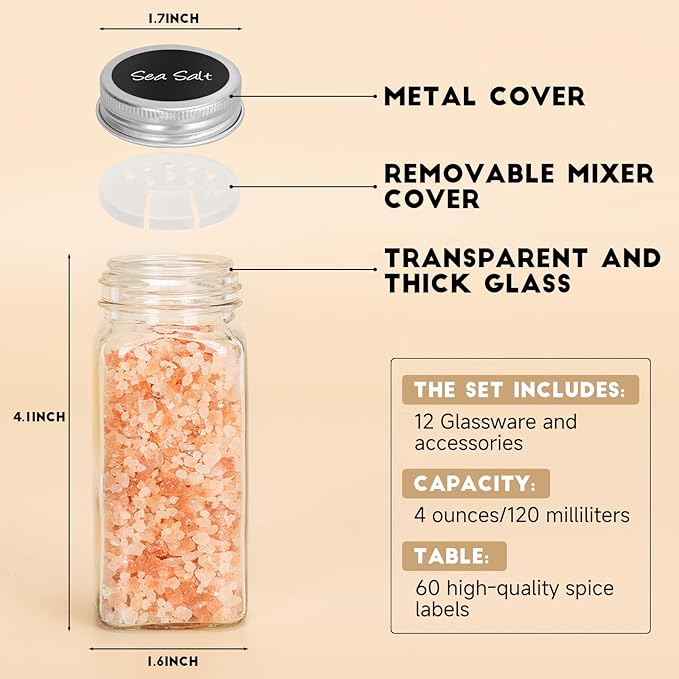 6Pcs Spice Jars with Label, 4oz Empty Square Seasoning Containers, Spice Jars with Shaker Lids, Small Spice Bottles for Salt, Herbs, Sugar, Pepper, Seasoning Jars for Spice Rack, Cabinet, or Drawer - Image 7