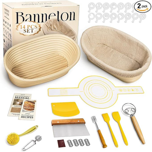 Sourdough Starter Kit, Banneton Bread Proofing Baskets Set, Sourdough Bread Baking Supplies Making Tools with Dough Scraper, Whisk, Bread Lame, Recipe by BavifyBaking