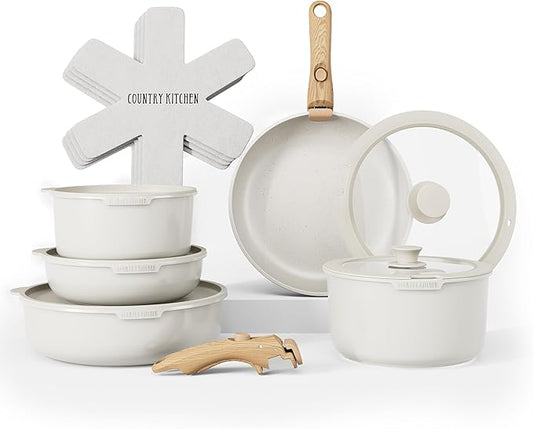 Country Kitchen Cookware Set with Removable Handle, Oven & RV Safe Pots and Pans Set, Cream Gold Speckle Wood Handle, Original by CountryKitchen