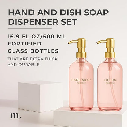 MaisoNovo Soap Dispenser 2-Piece Set | 16.9oz Pink Bottles with Gold Stainless Steel Pump Core