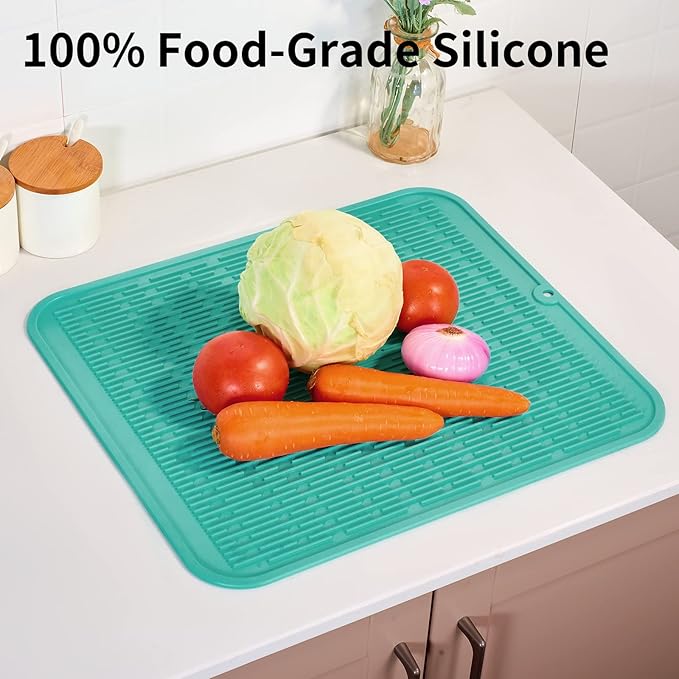 ZLR Large Silicone Dish Drying Mat (16" x 18") - XL Heavy Duty Drainboard Mat for Pots, Pans & Family Loads - Heat Resistant Trivet & Counter Protector, Easy Clean (Mint Green) - Image 9