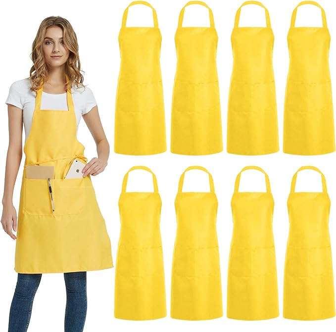 DUSKCOVE 8 Pack Bib Aprons Bulk - Unisex Yellow Commercial Apron with 2 Pockets for Kitchen Crafting BBQ Drawing Cooking by DUSKCOVE