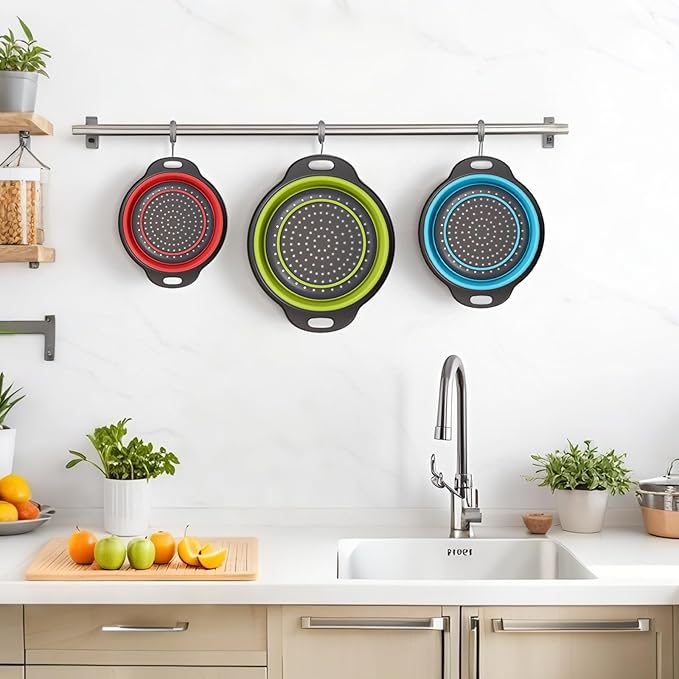 Collapsible Colander 3-Pack Set Space-Saving Foldable Kitchen Strainer with Non-Slip Base Durable Thickened PP+TPE Collapsible Strainers for Pasta, Vegetables, Fruits (Gray-Blue-Red-Green) - Image 7