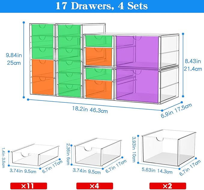 ARSTPEOE Makeup Acrylic Organizer with 17 Drawers(4 Sets), Desk Organizers and Accessories, Clear Makeup Organizer, Dustproof Storage Drawers for Office Art Craft Supplies - Image 3